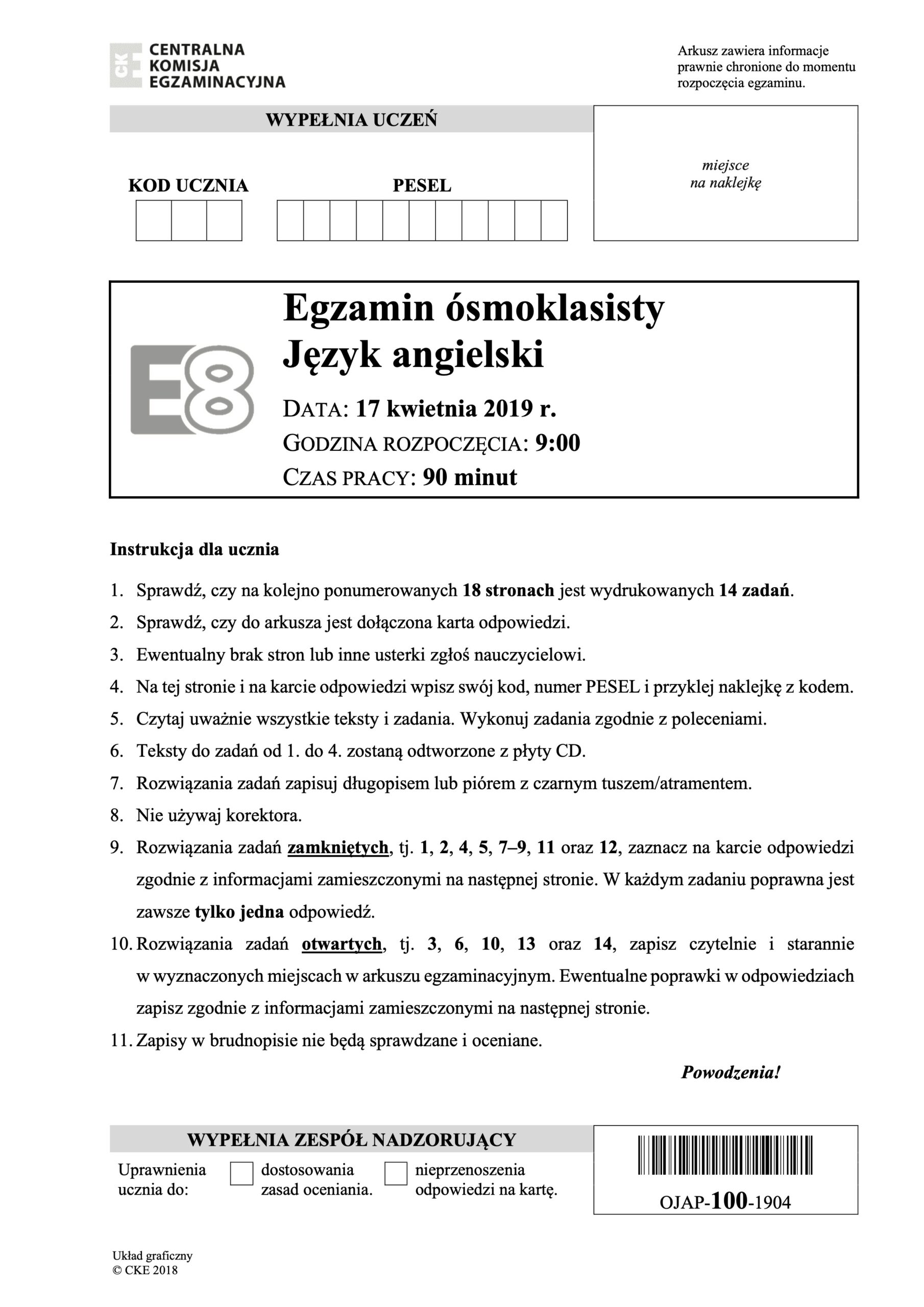 Arkusz egzaminacyjny ósmoklasisty z języka angielskiego.