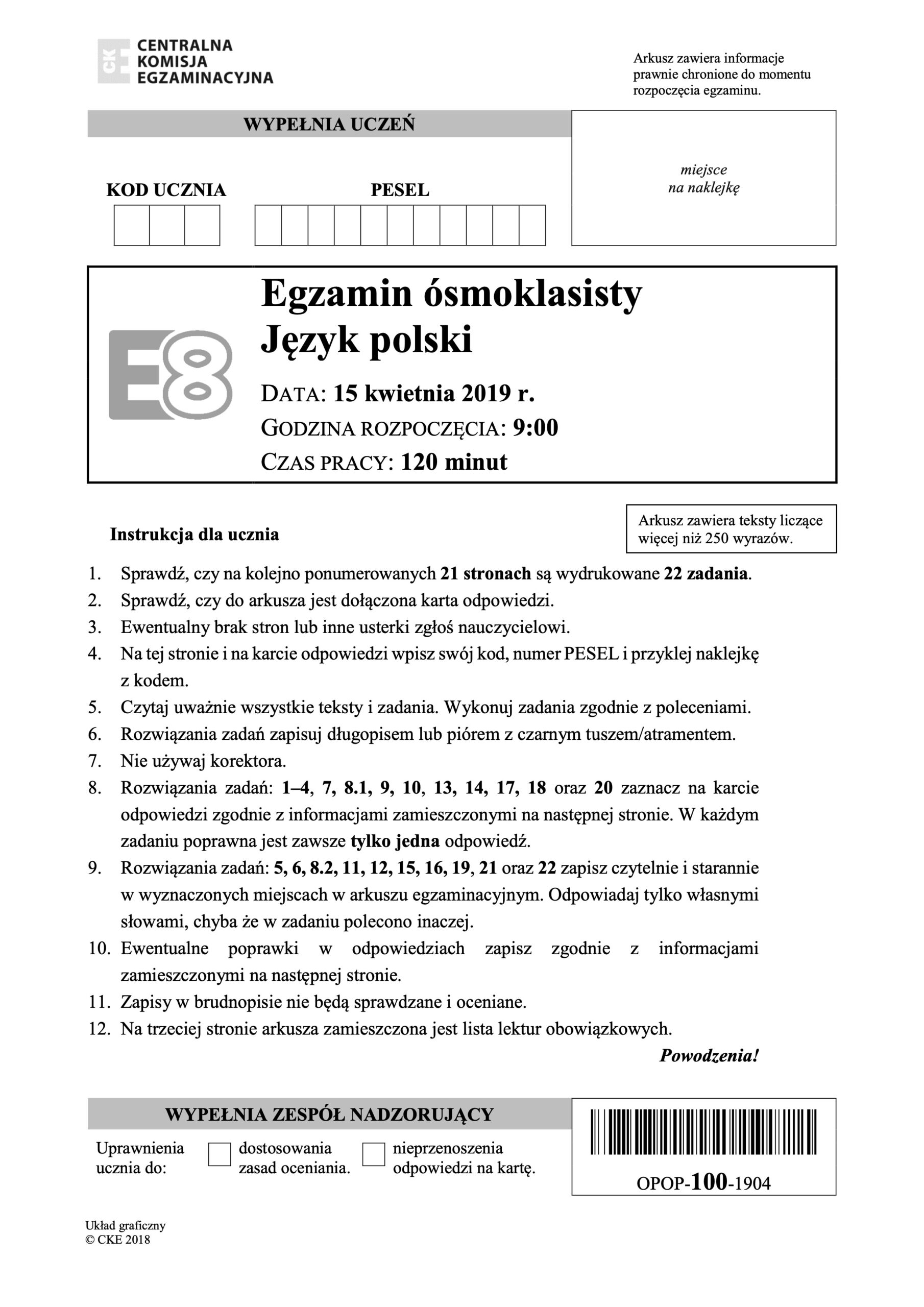 Arkusz egzaminacyjny ósmoklasisty z języka polskiego.