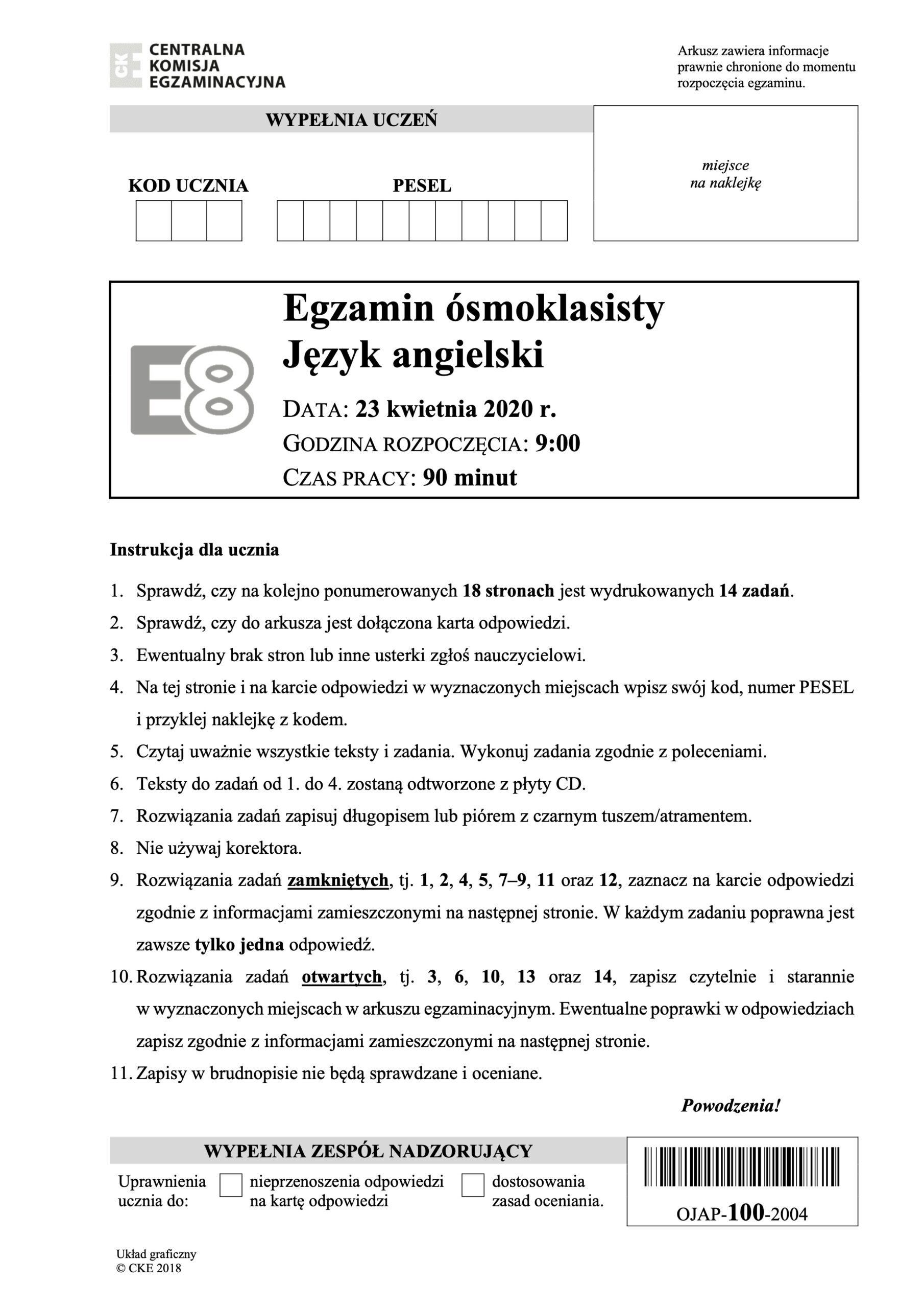 Egzamin ósmoklasisty z języka angielskiego 2020.