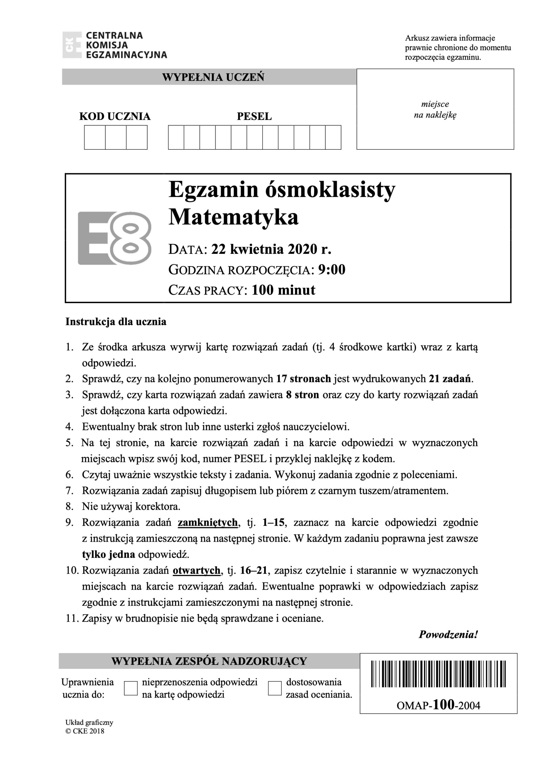 Egzamin ósmoklasisty matematyka instrukcje 2020