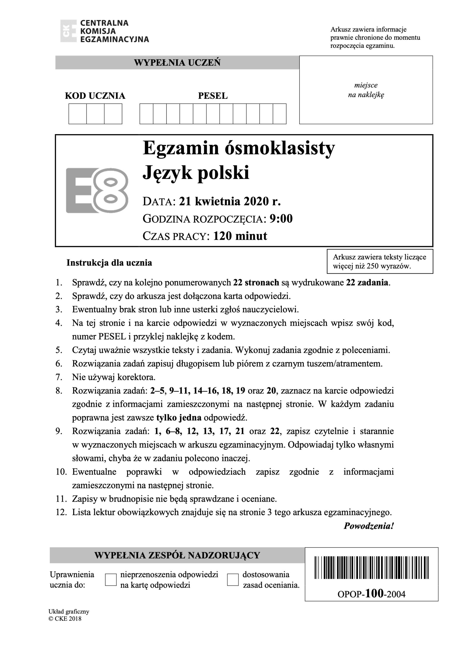 Egzamin ósmoklasisty z języka polskiego, 2020, instrukcje.