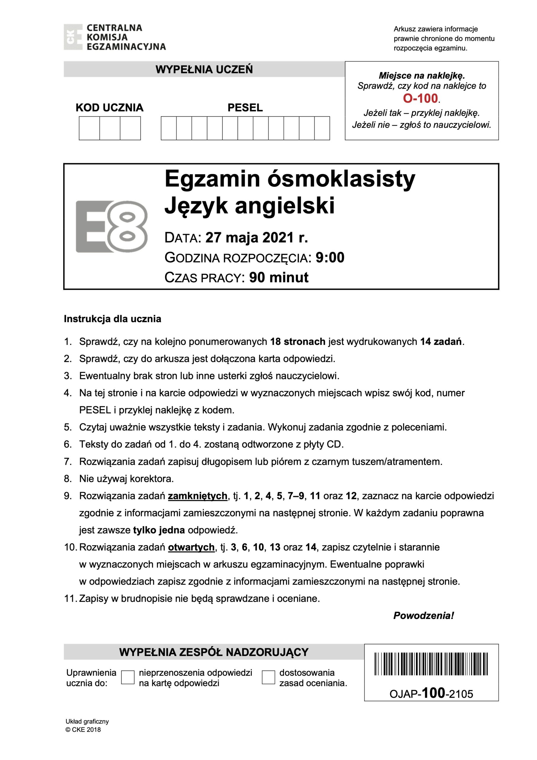 Egzamin ósmoklasisty z języka angielskiego, instrukcje.