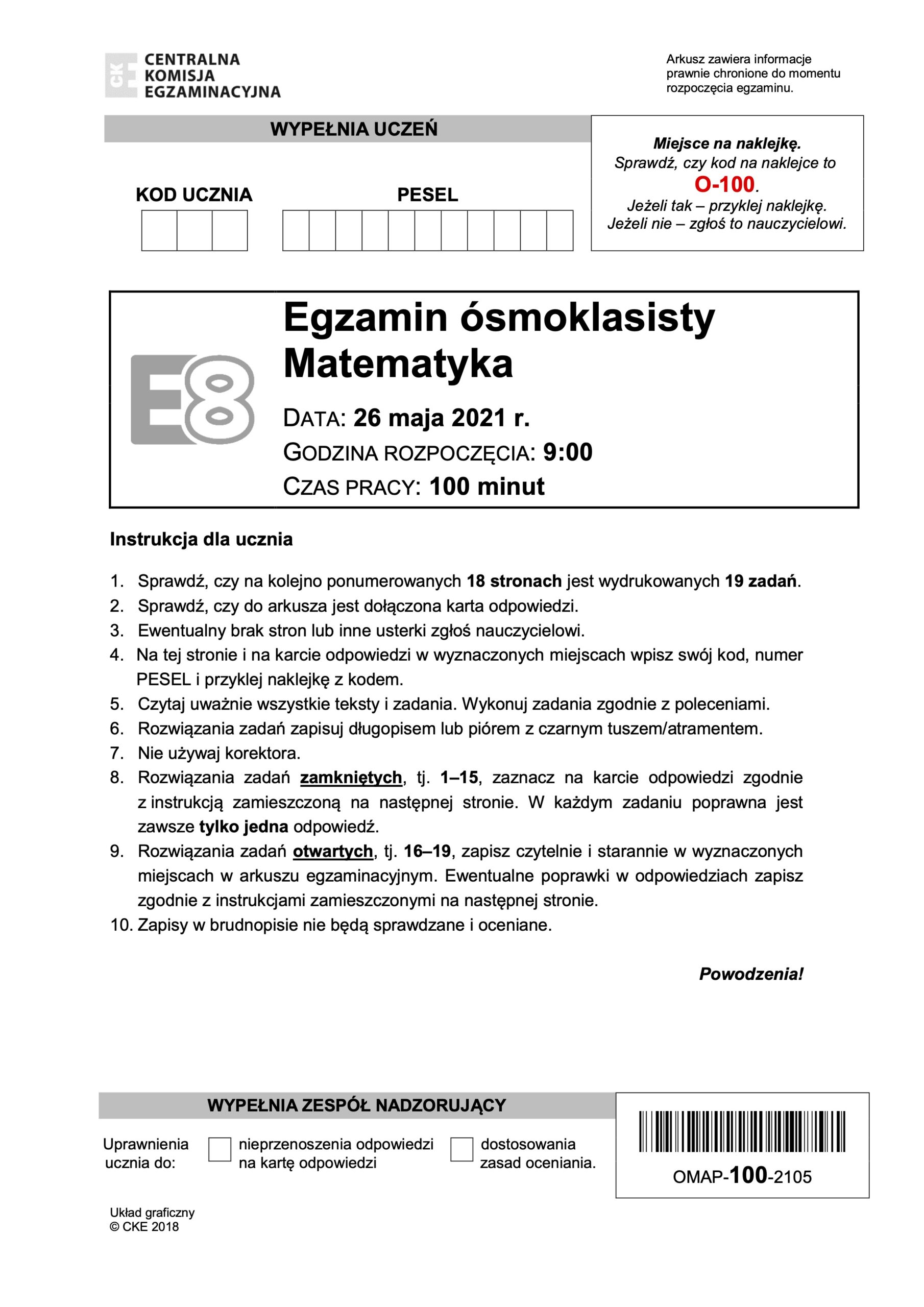 Strona tytułowa egzaminu ósmoklasisty z matematyki, 2021