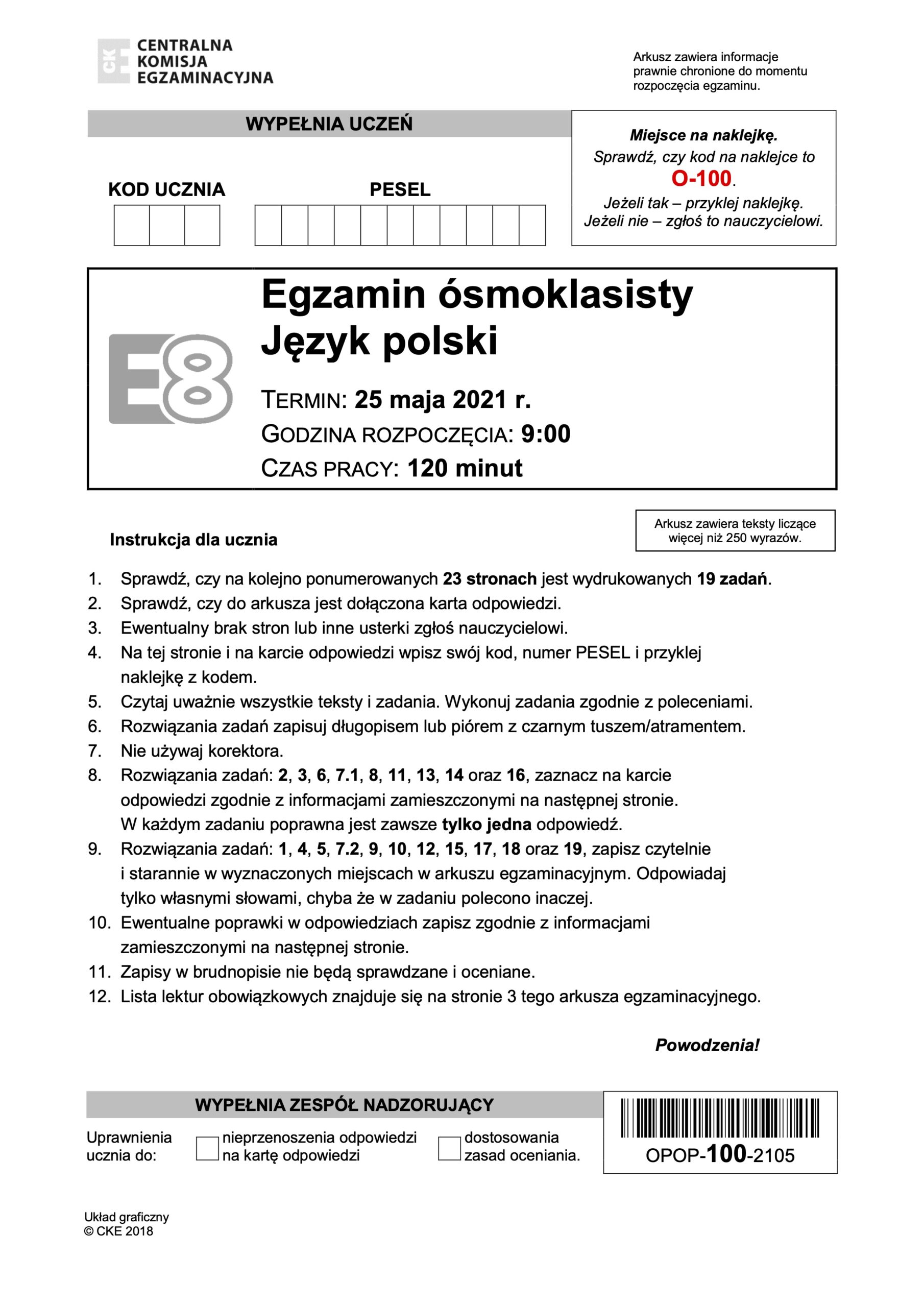 Egzamin ósmoklasisty z języka polskiego, instrukcje.