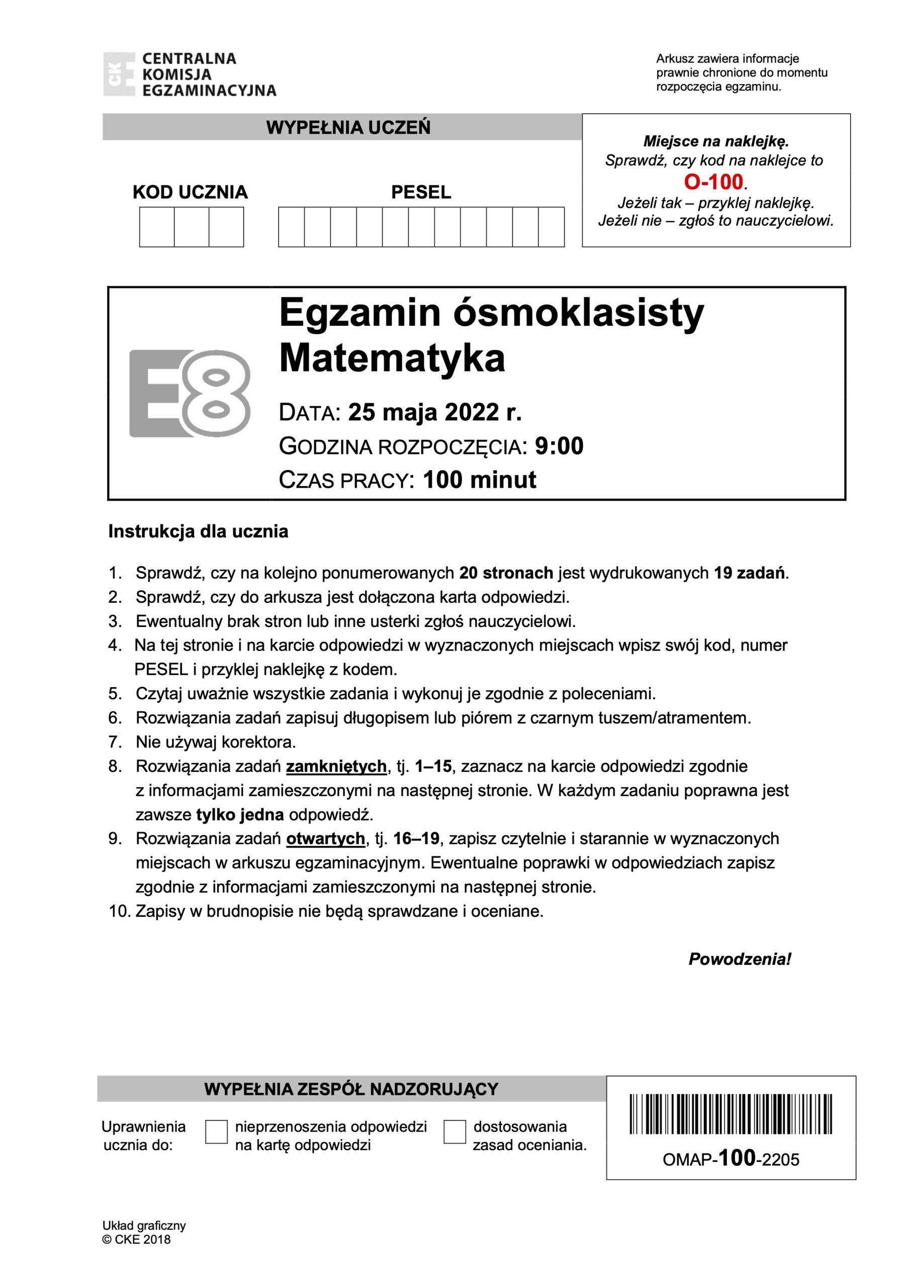 Egzamin ósmoklasisty z matematyki, maj 2022, instrukcje.