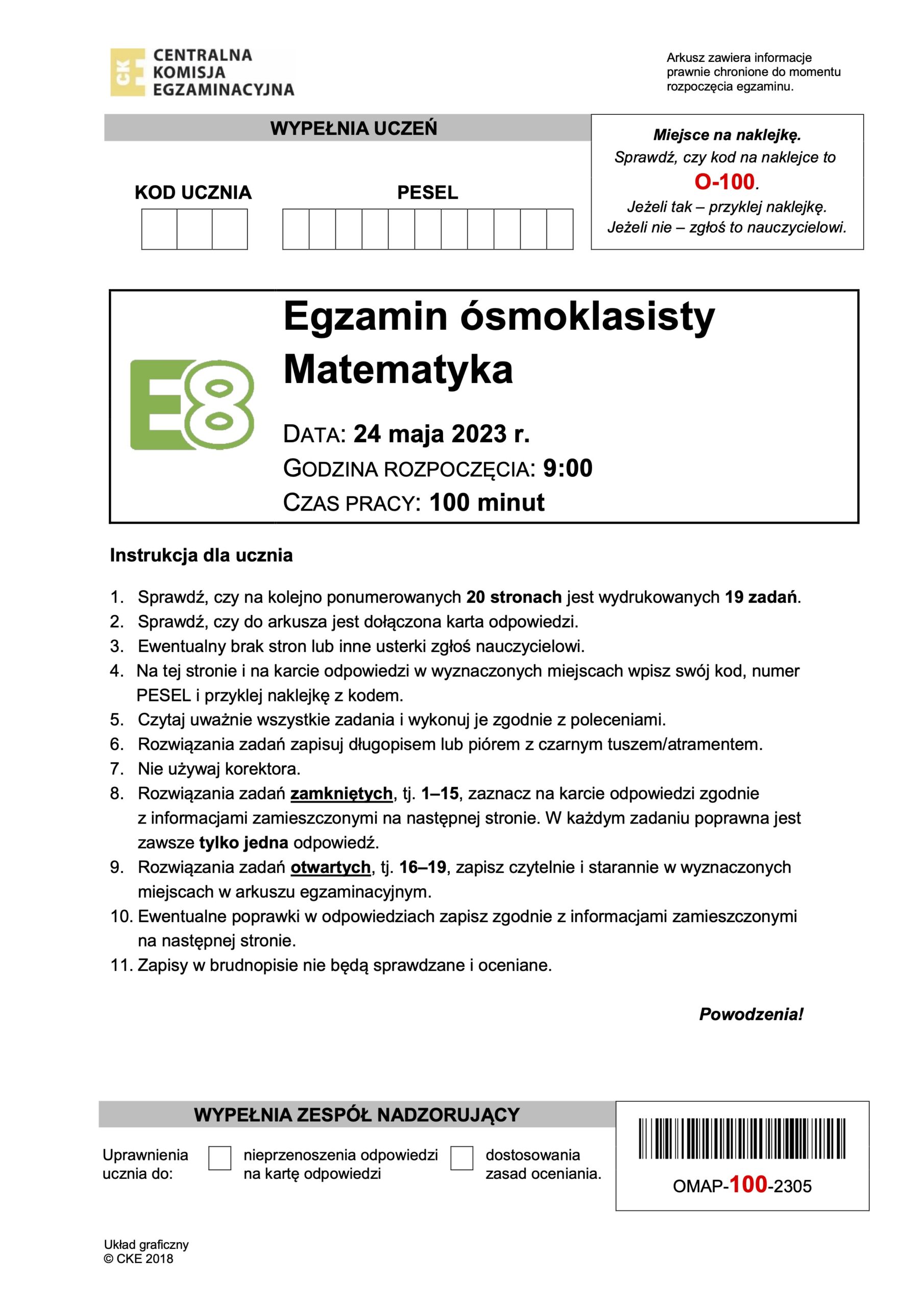 Egzamin ósmoklasisty matematyka, instrukcje, 24 maja 2023