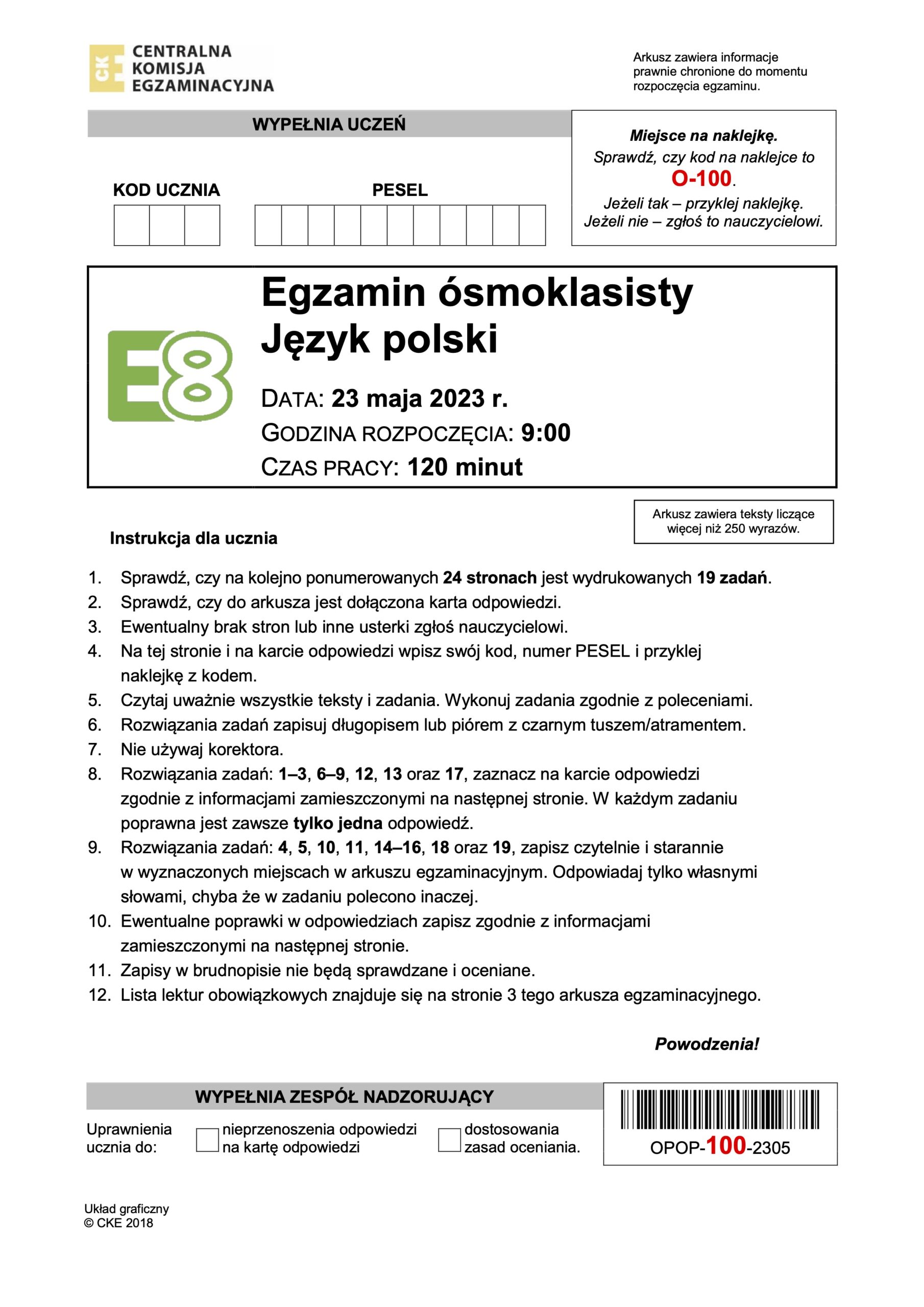 Egzamin ósmoklasisty z języka polskiego, maj 2023.