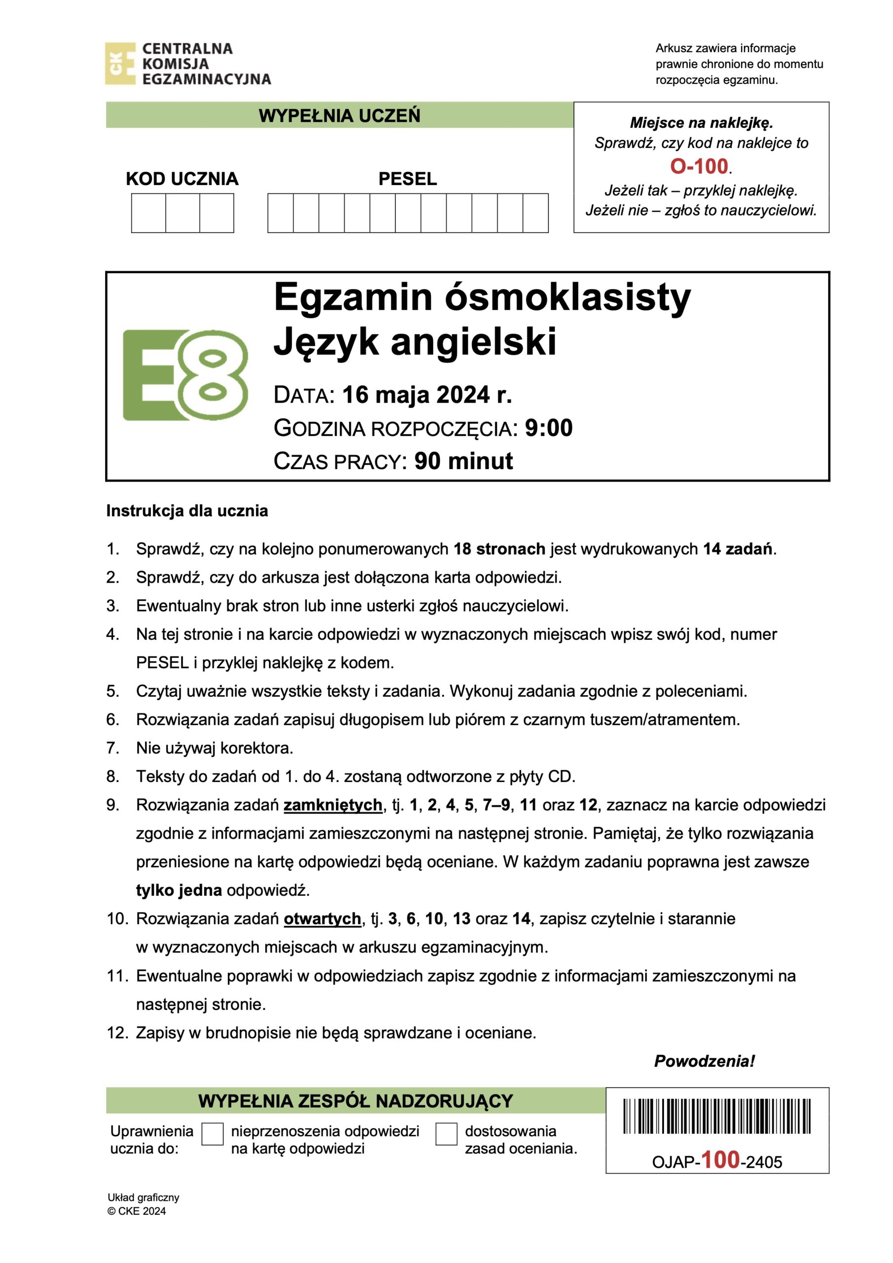 Egzamin ósmoklasisty 2024, język angielski, instrukcje.