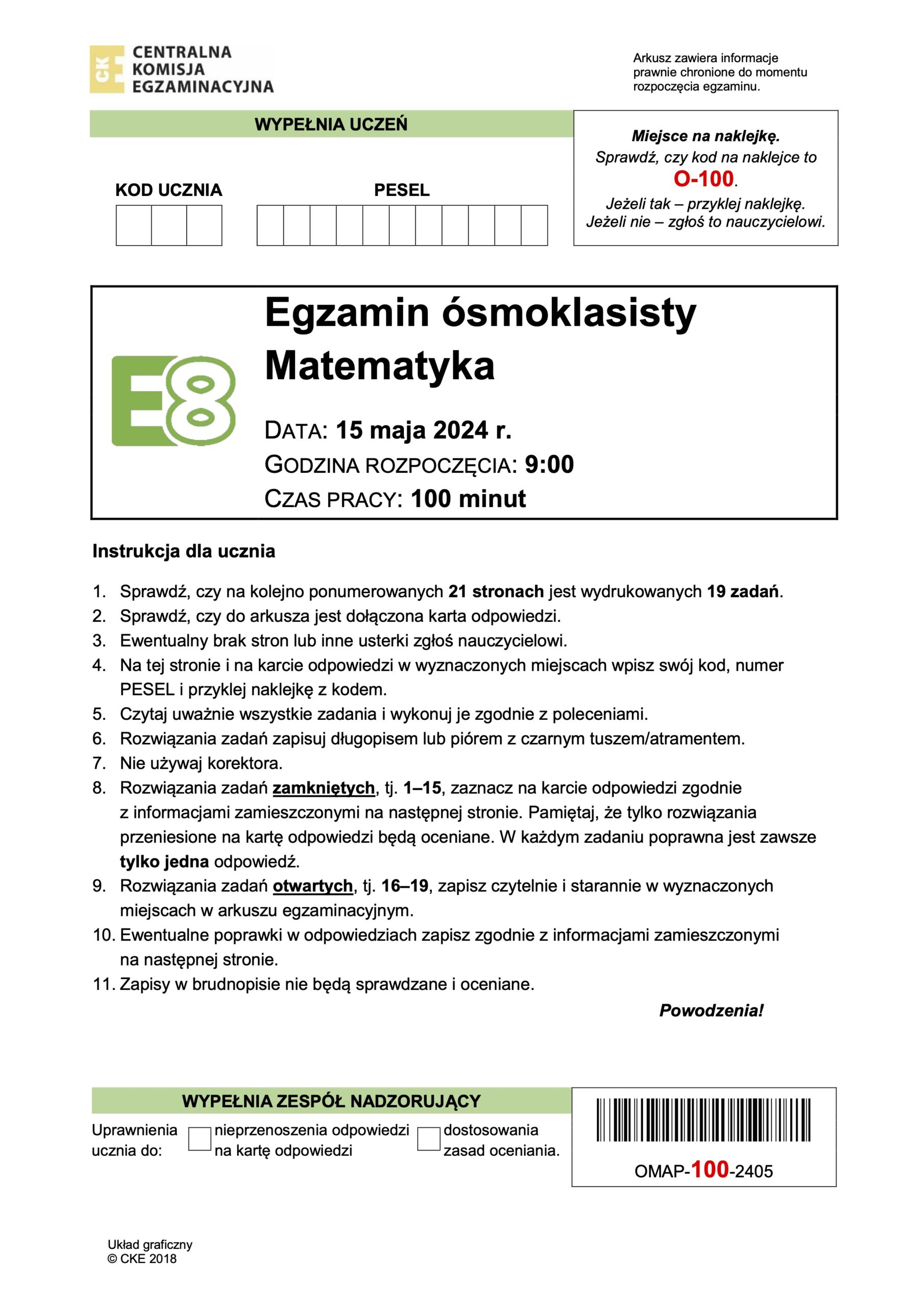 Egzamin ósmoklasisty matematyka, instrukcje dla ucznia.