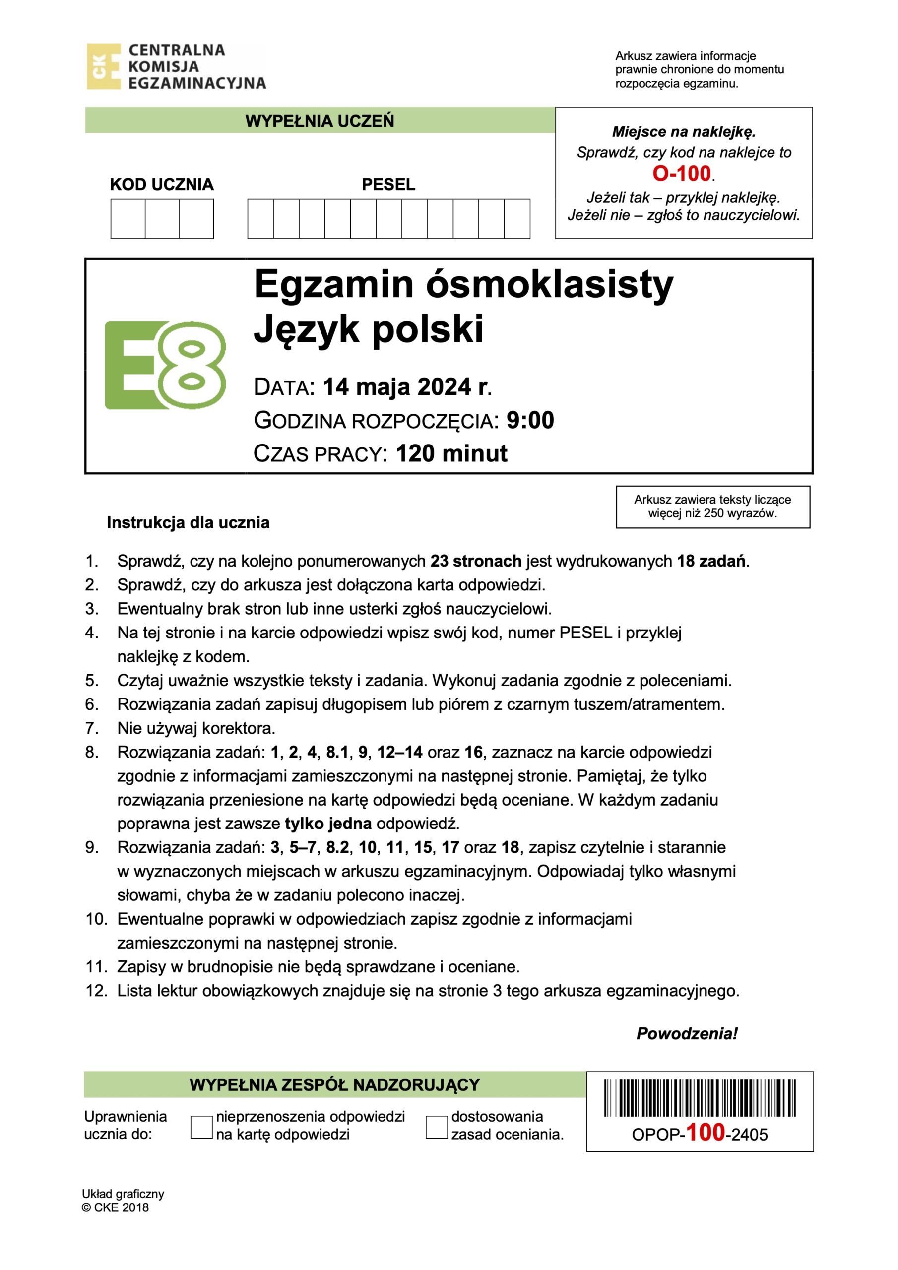Instrukcja egzaminu ósmoklasisty z języka polskiego.