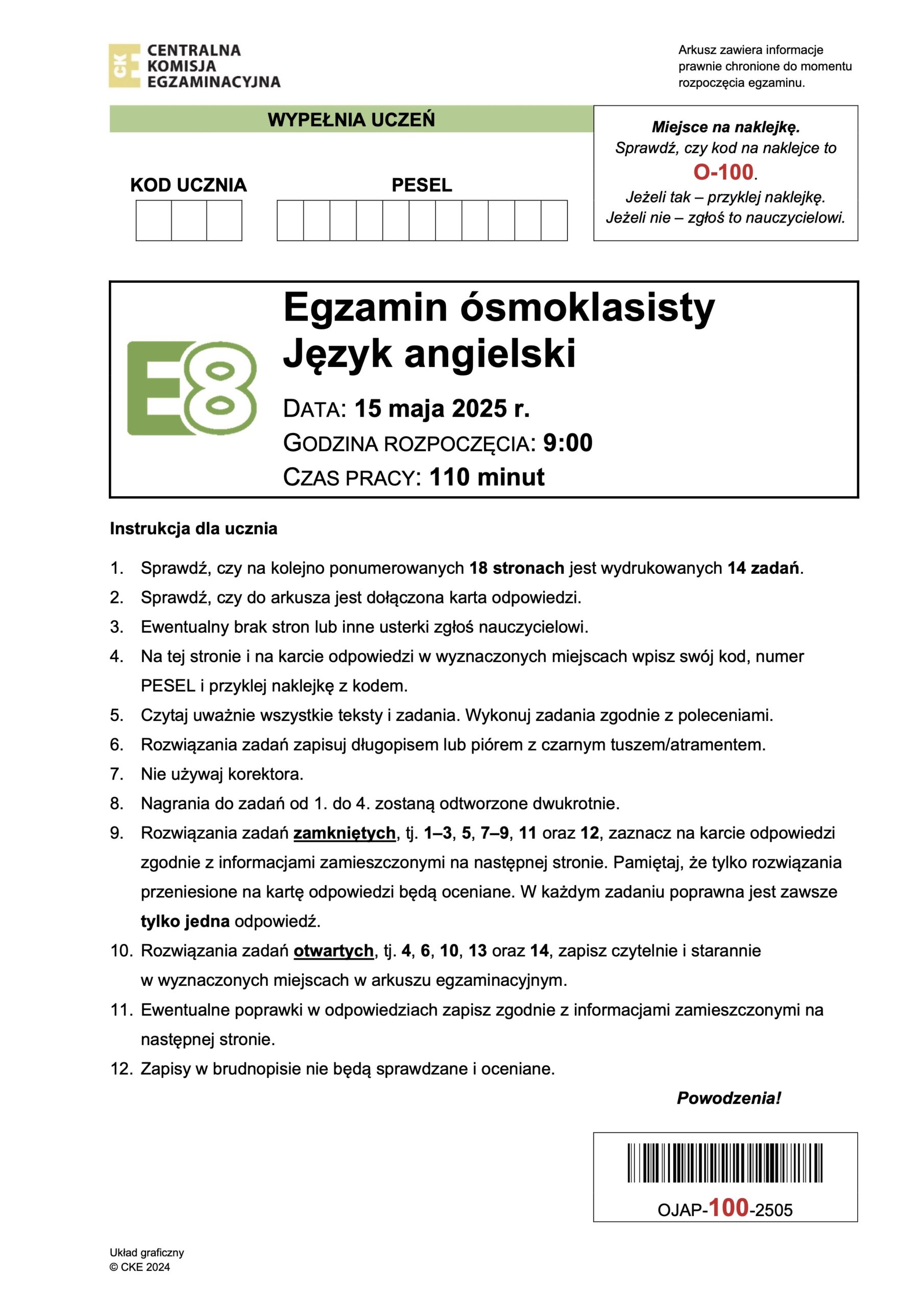 Egzamin ósmoklasisty z angielskiego, instrukcje i data.