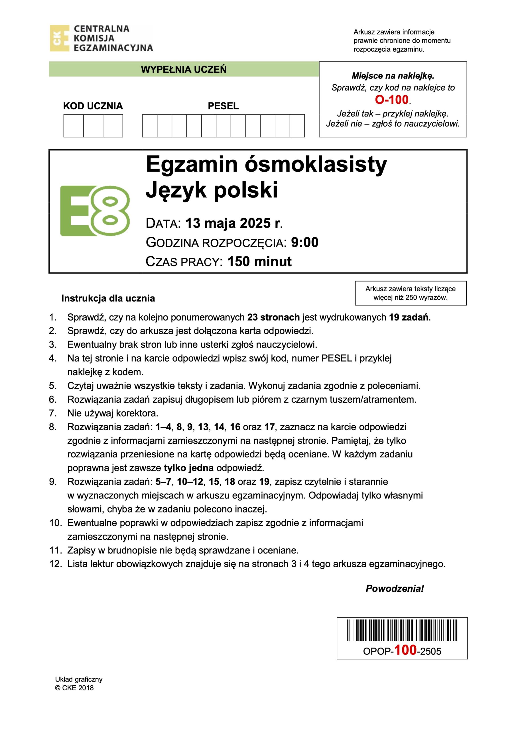 Egzamin ósmoklasisty, język polski, instrukcje i informacje.